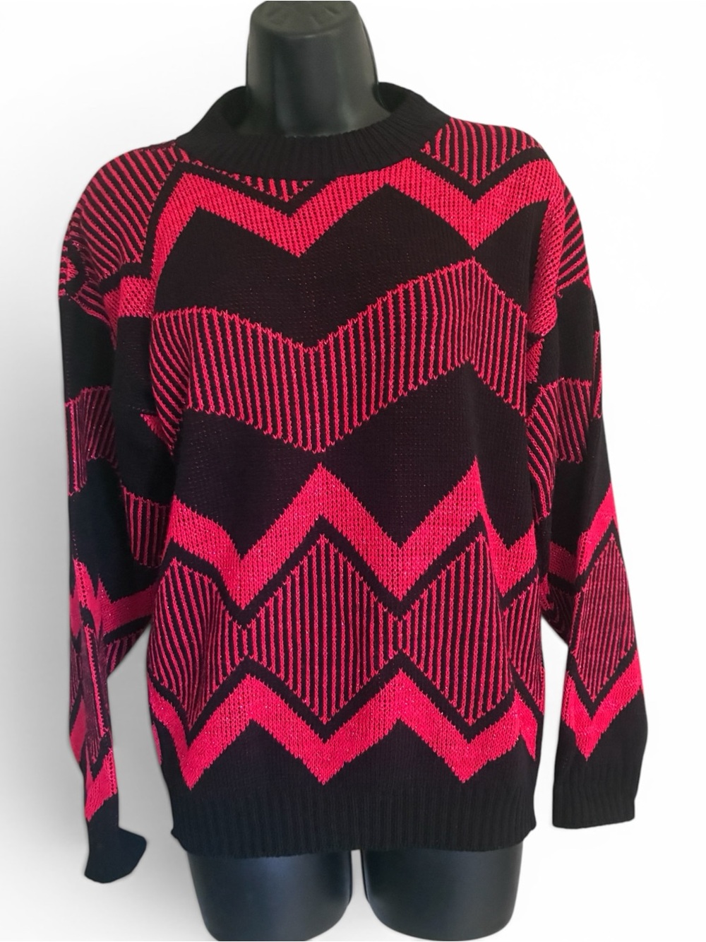 Vintage Retro 80s New Wave Black & Red Chevron Knit Mall Goth Alt Sweater Sz M